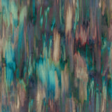 Detail of fabric in an abstract painterly print in shades of purple, turquoise and tan.