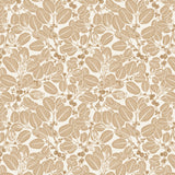 Detail of wallpaper in a dense leaf and stem print in brown on a white field.