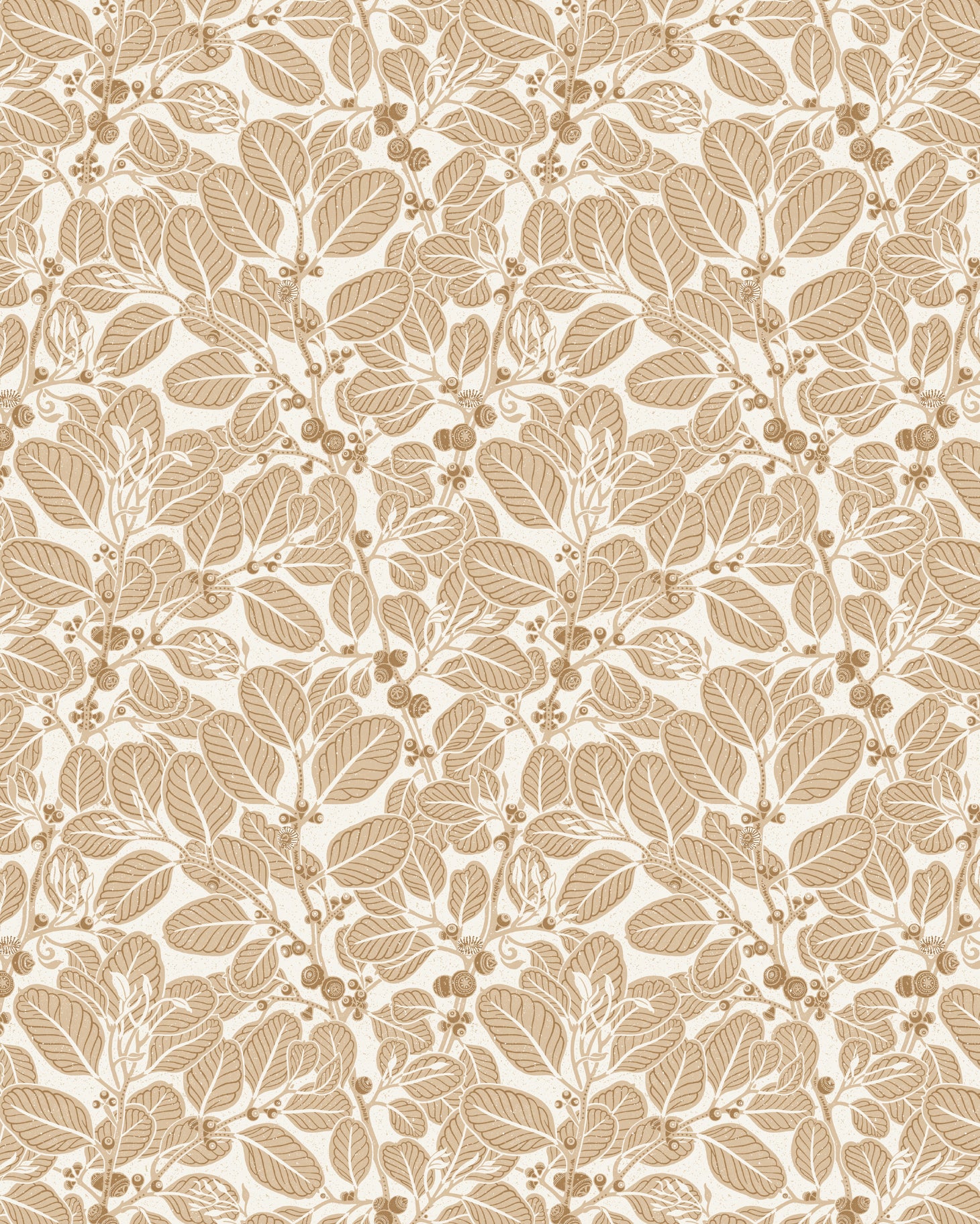 Detail of wallpaper in a dense leaf and stem print in brown on a white field.