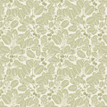 Detail of wallpaper in a dense leaf and stem print in sage on a white field.