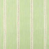 Detail of fabric in a repeating stripe and dash pattern in green and pink on a cream field.