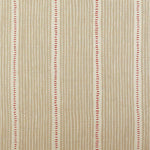 Detail of fabric in a repeating stripe and dash pattern in tan and red on a cream field.