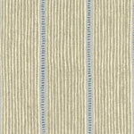 Detail of fabric in a repeating stripe and dash pattern in tan and blue on a cream field.