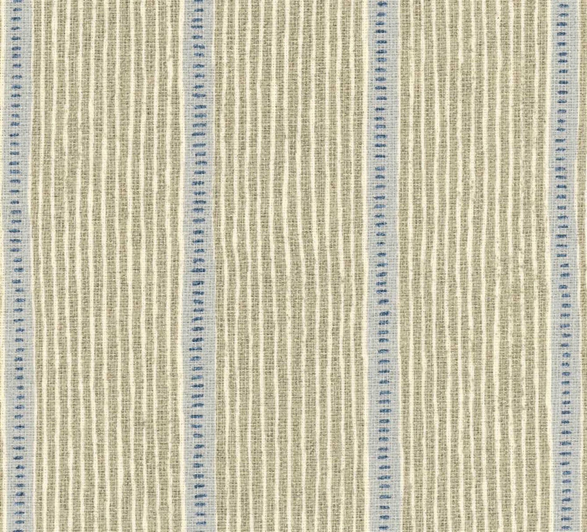 Detail of fabric in a repeating stripe and dash pattern in tan and blue on a cream field.