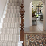 Striped flatweave runner in grey and black on white staircase