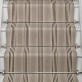 Striped flatweave runner in grey and black on white staircase