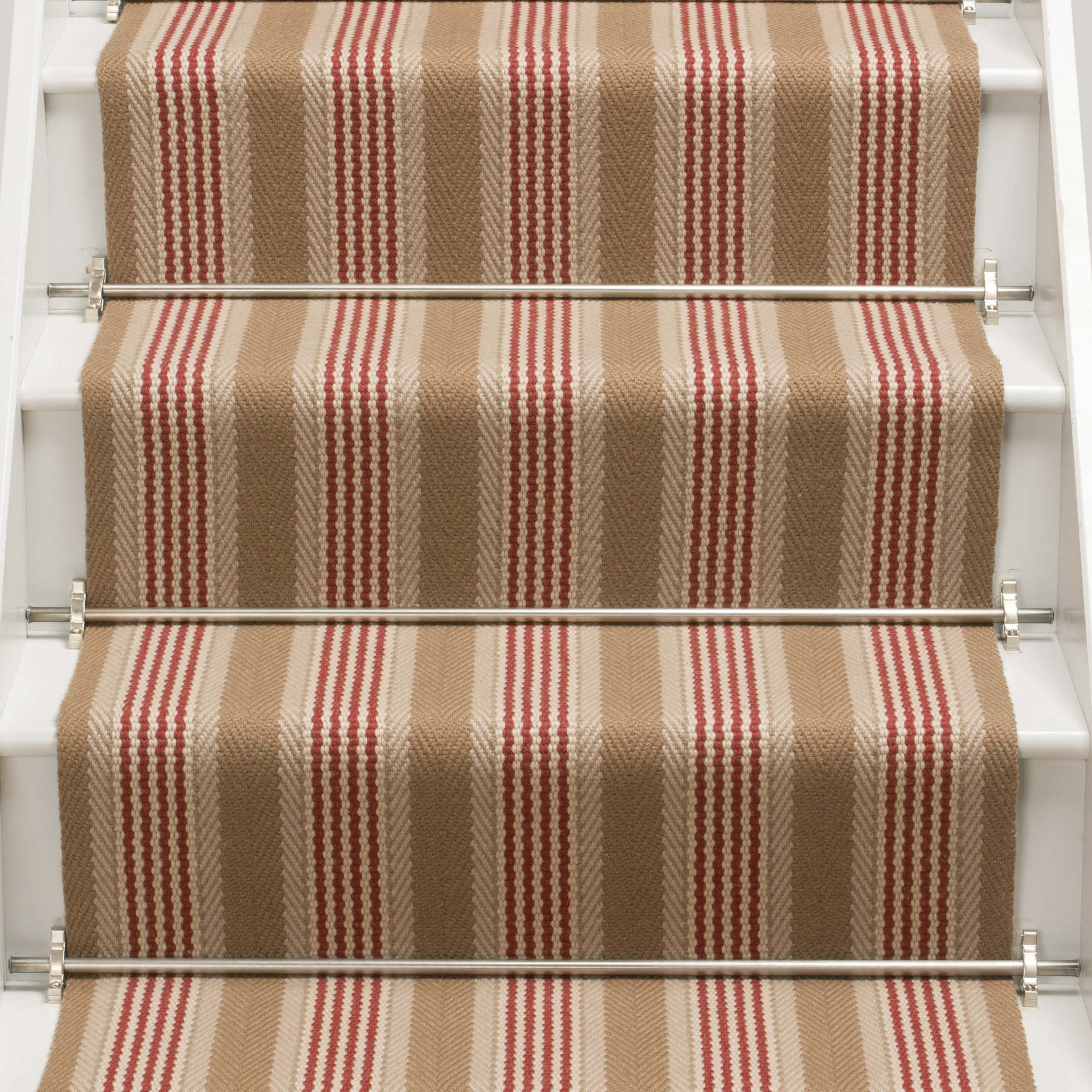 Striped flatweave runner in tan and red on white staircase