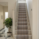 Striped flatweave runner in grey and black on white staircase