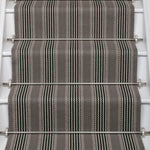 Striped flatweave runner in grey and black on white staircase