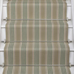 Striped flatweave runner in sage and black on white staircase