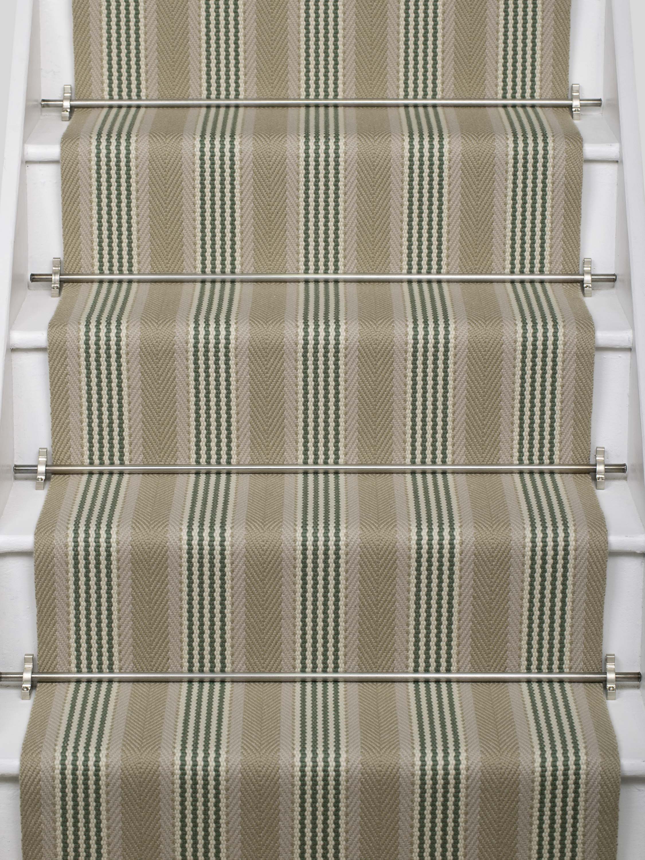 Striped flatweave runner in sage and black on white staircase