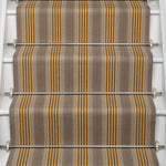 Striped flatweave runner in tan grey black on white staircase