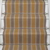 Striped flatweave runner in tan grey black on white staircase