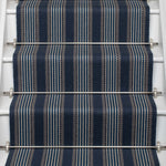 Striped flatweave runner in blue on white staircase