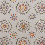 Detail of fabric in a floral paisley print in shades of purple, orange and yellow on a gray field.