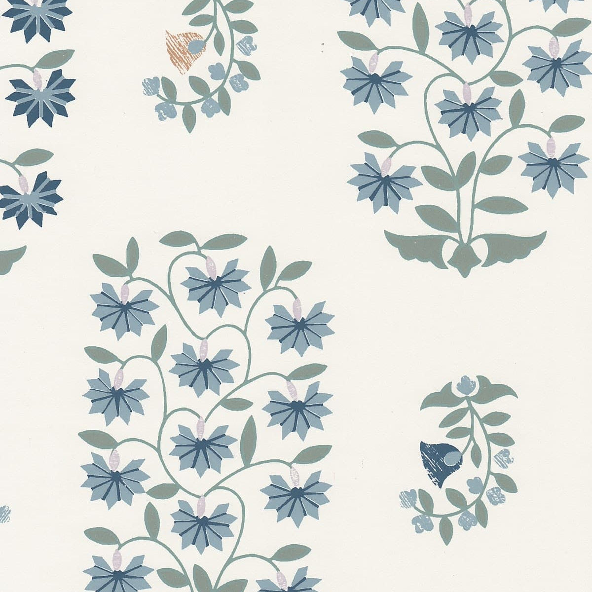 Detail of wallpaper in a small-scale floral print in shades of blue, green and purple on a cream field.