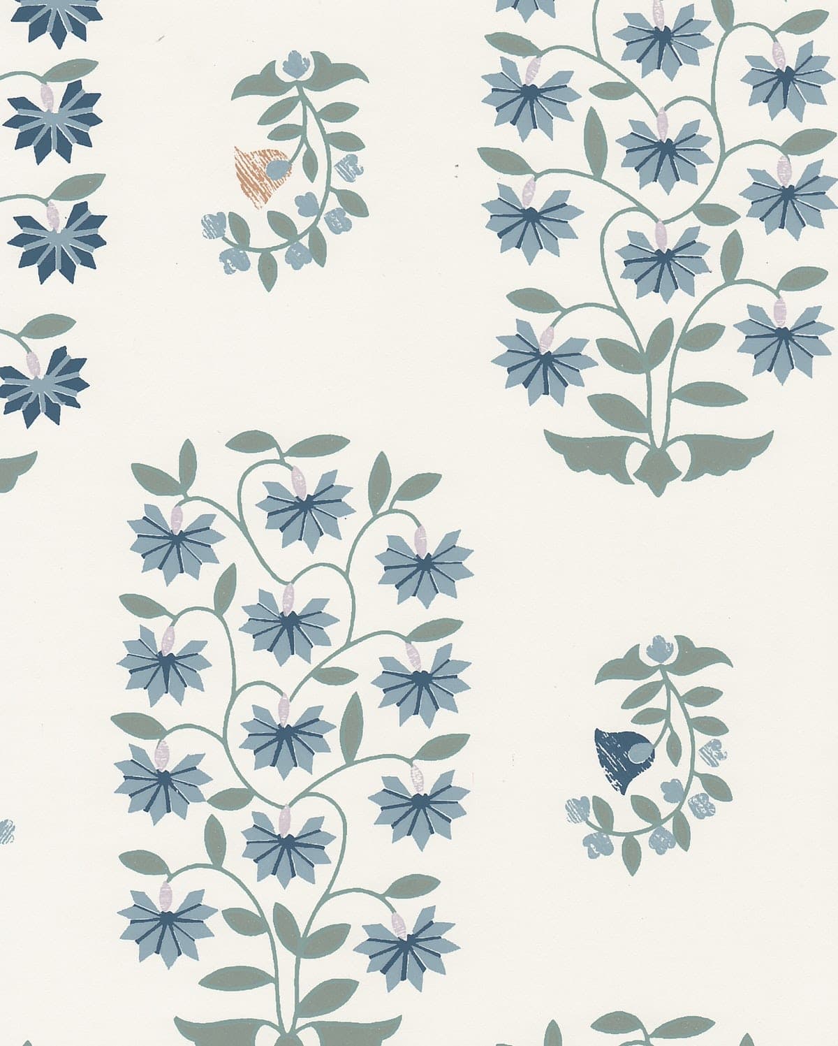 Detail of wallpaper in a small-scale floral print in shades of blue, green and purple on a cream field.