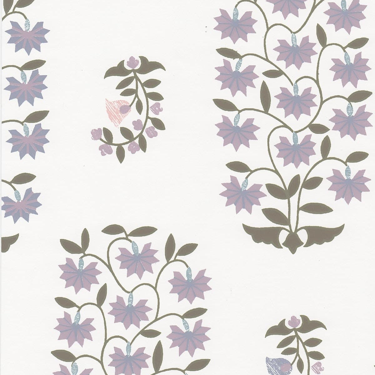 Detail of wallpaper in a small-scale floral print in shades of purple and green on a white field.