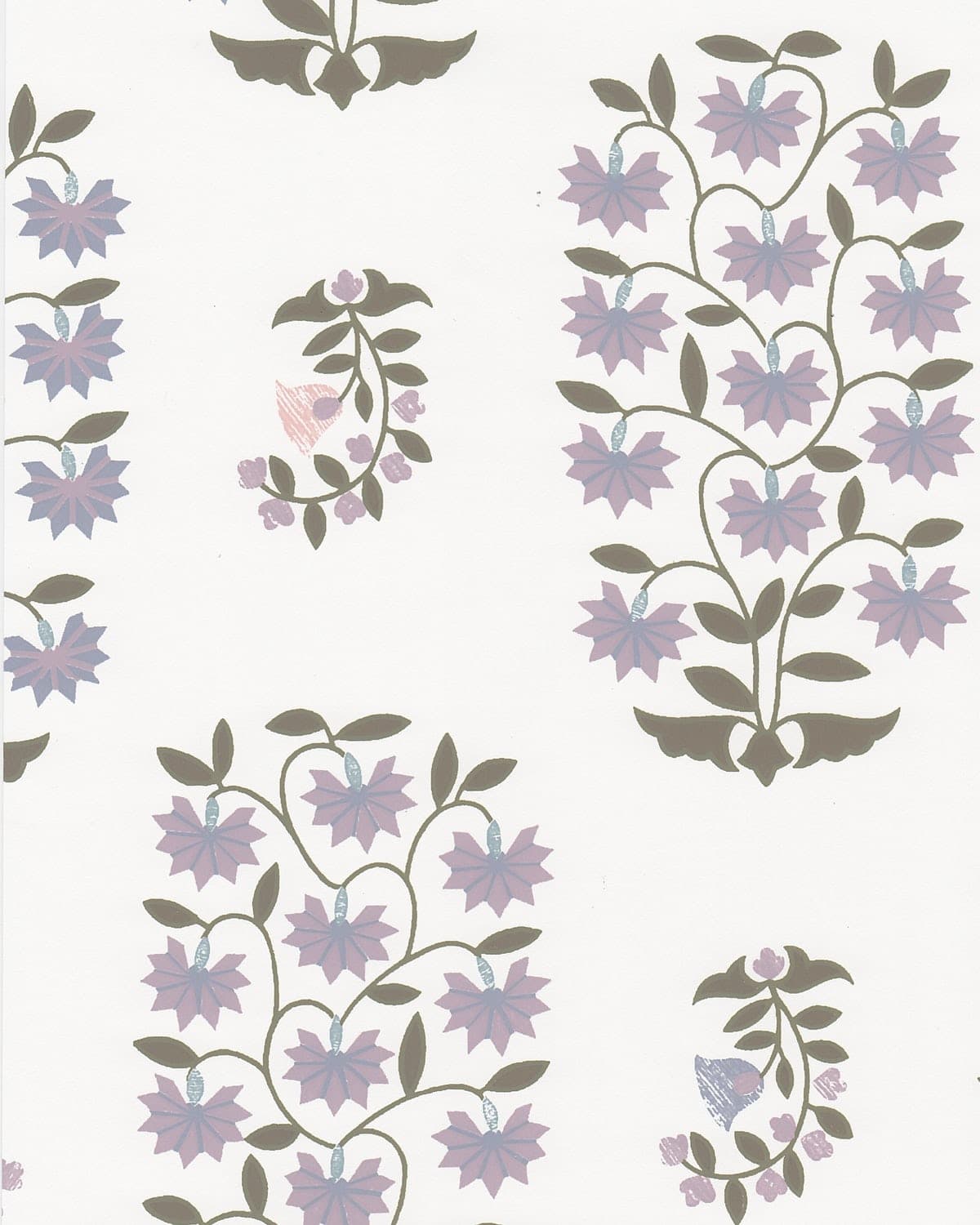 Detail of wallpaper in a small-scale floral print in shades of purple and green on a white field.