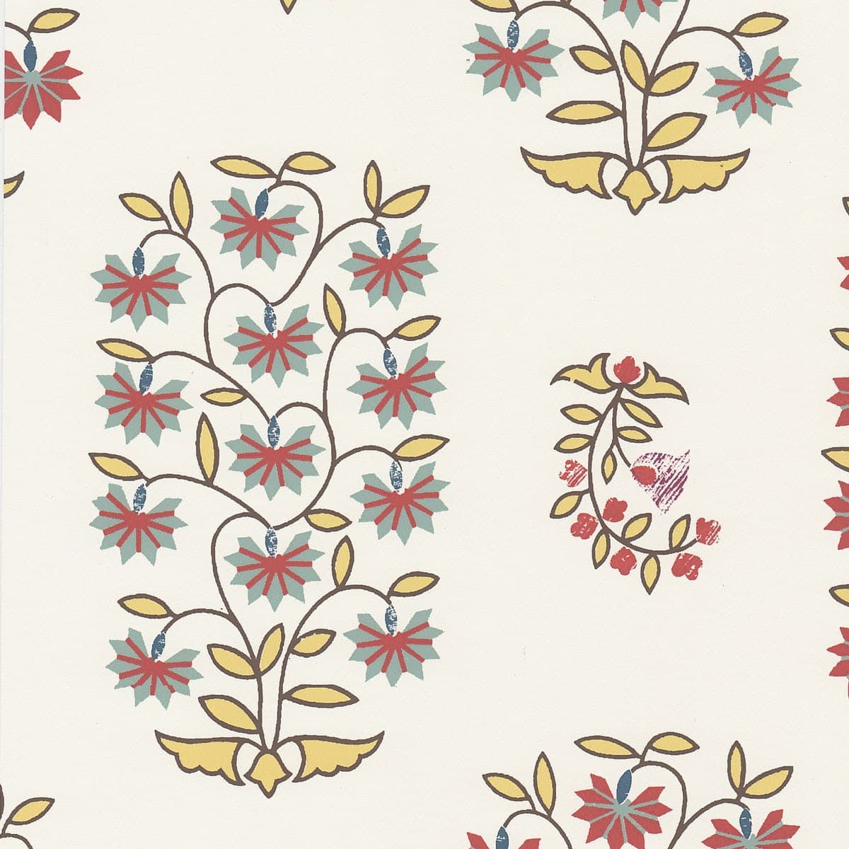 Detail of wallpaper in a small-scale floral print in shades of yellow, red, turquoise and brown on a white field.