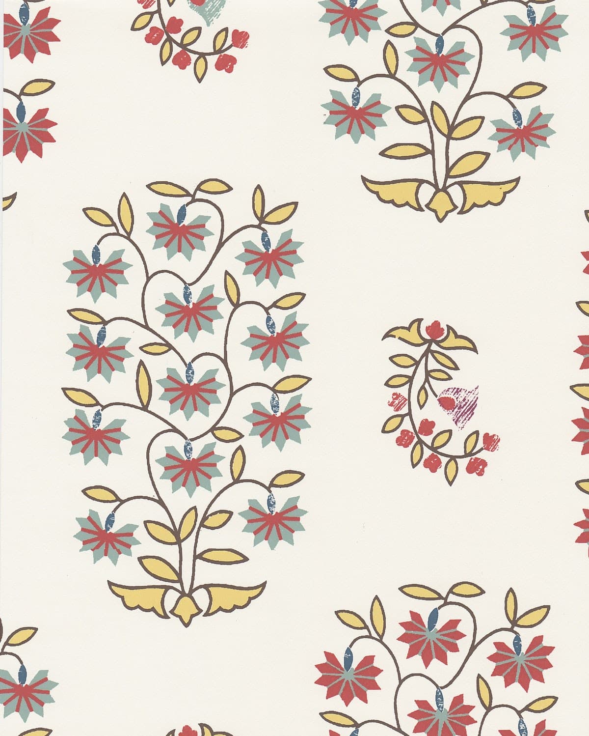 Detail of wallpaper in a small-scale floral print in shades of yellow, red, turquoise and brown on a white field.