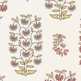 Detail of wallpaper in a small-scale floral print in shades of yellow, red, turquoise and brown on a white field.