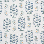 Detail of fabric in a small-scale floral print in shades of blue, green and pink on a white field.
