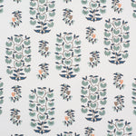 Detail of fabric in a small-scale floral print in shades of green, black and coral on a white field.