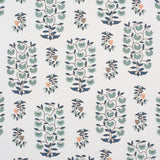 Detail of fabric in a small-scale floral print in shades of green, black and coral on a white field.