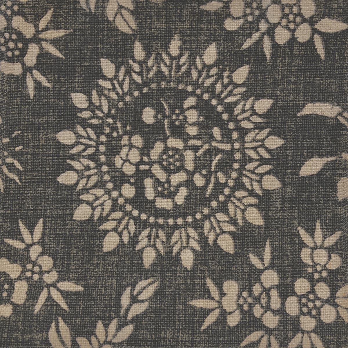 Detail of fabric in a geometric floral print in shades of tan and gray.