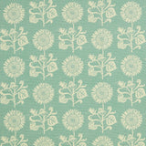 Detail of fabric in a repeating sunflower print in cream on a light turquoise field.