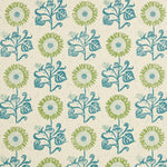 Detail of fabric in a repeating sunflower print in olive and blue on a cream field.