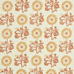 Detail of fabric in a repeating sunflower print in orange and yellow on a cream field.