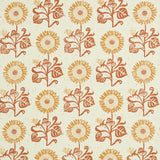 Detail of fabric in a repeating sunflower print in orange and yellow on a cream field.