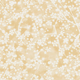 Detail of wallpaper in a painterly branch print in white on a yellow watercolor field.