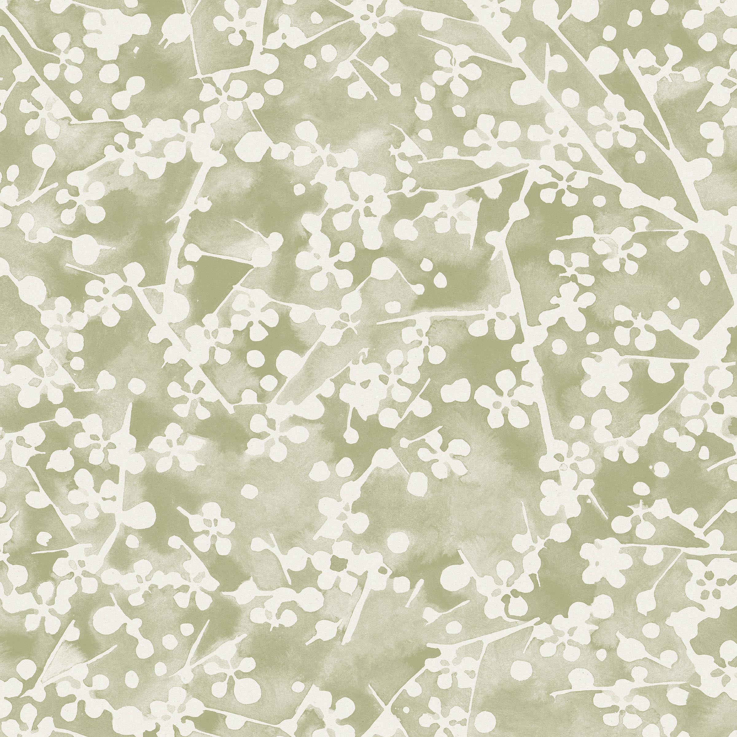 Detail of fabric in a painterly branch print in white on a sage watercolor field.