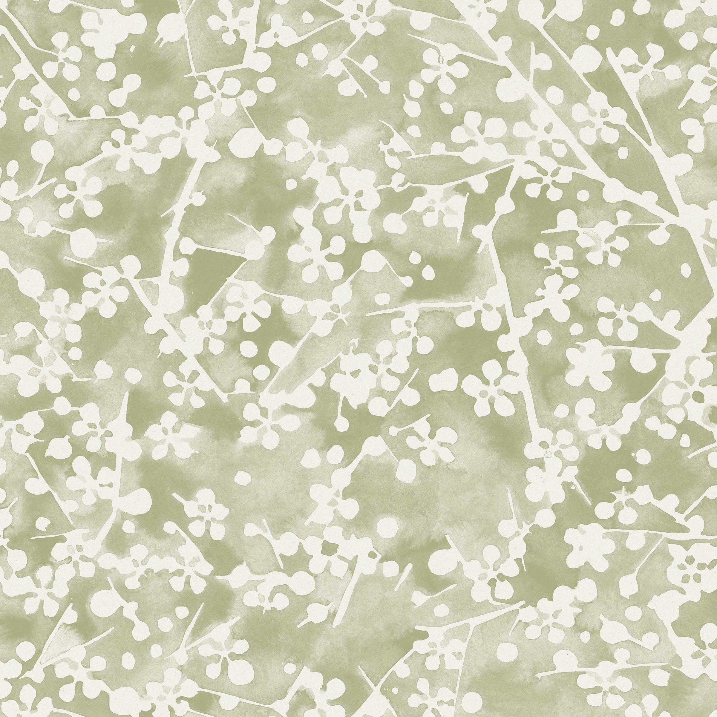 Detail of wallpaper in a painterly branch print in white on a light green watercolor field.