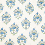 Detail of fabric in a floral paisley print in shades of blue and green on a greige field.