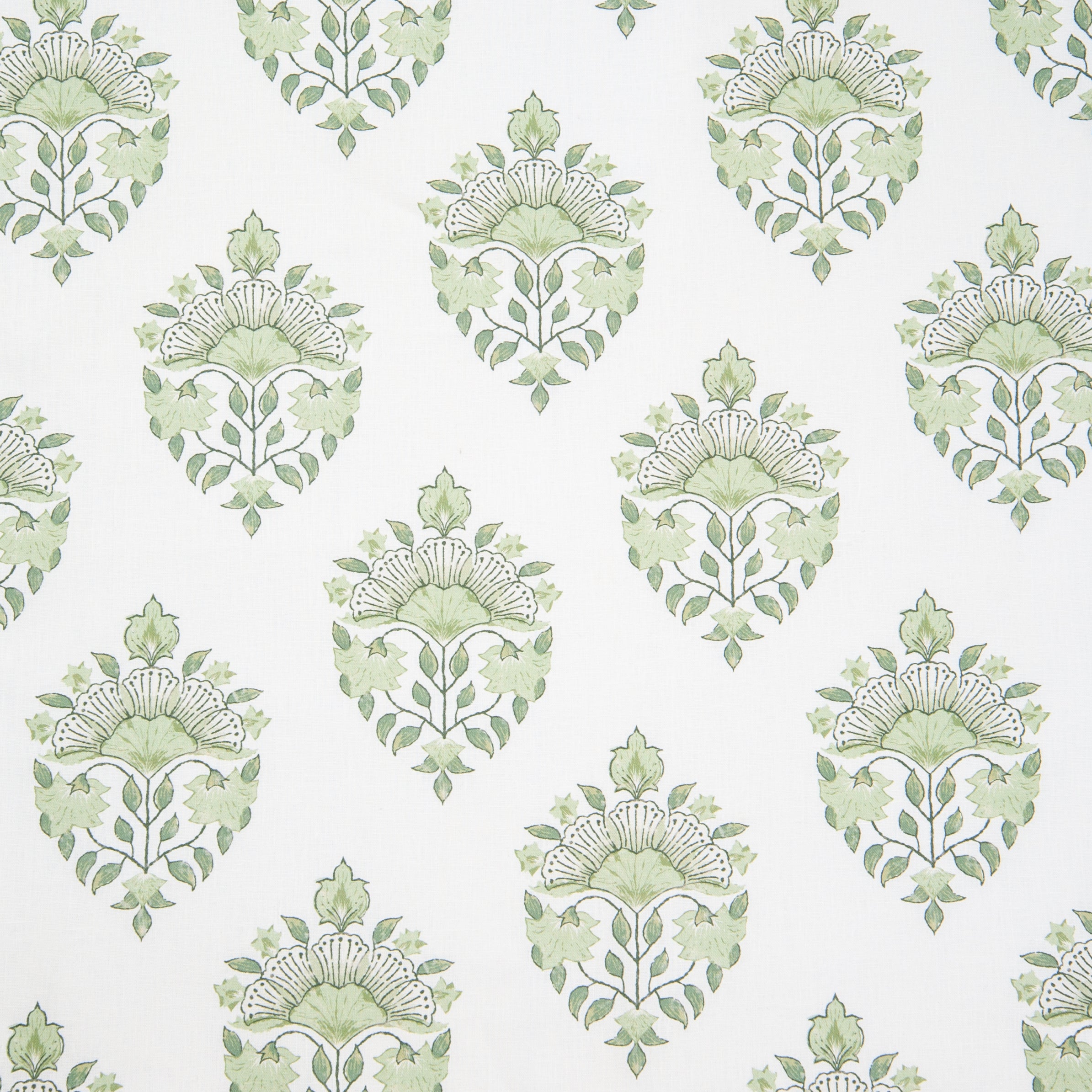 Detail of fabric in a floral paisley print in shades of green on a white field.