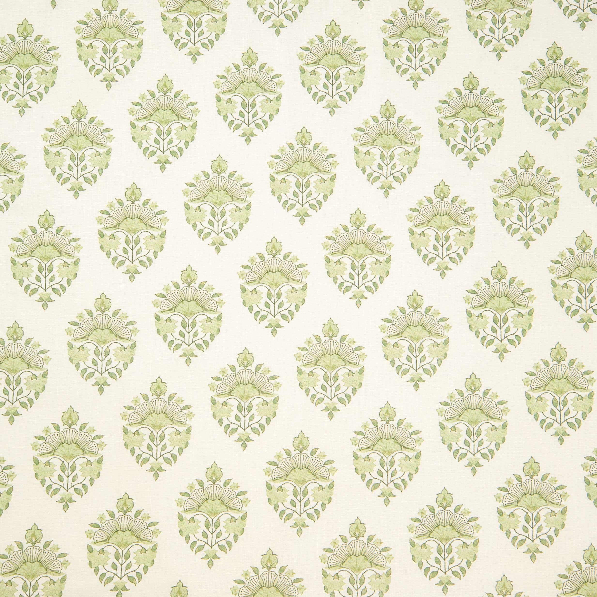 Detail of fabric in a floral paisley print in shades of green on a white field.