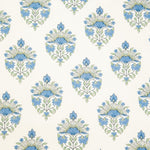 Detail of wallpaper in a floral paisley print in shades of blue and green on a greige field.