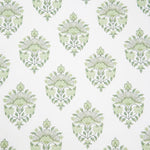 Detail of wallpaper in a floral paisley print in shades of green on a white field.