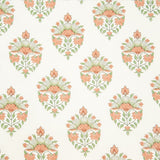 Detail of wallpaper in a floral paisley print in shades of green and coral on a white field.