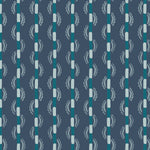 Painterly wavy stripe wallpaper in blues and teal on navy field. 