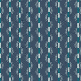 Painterly wavy stripe wallpaper in blues and teal on navy field. 