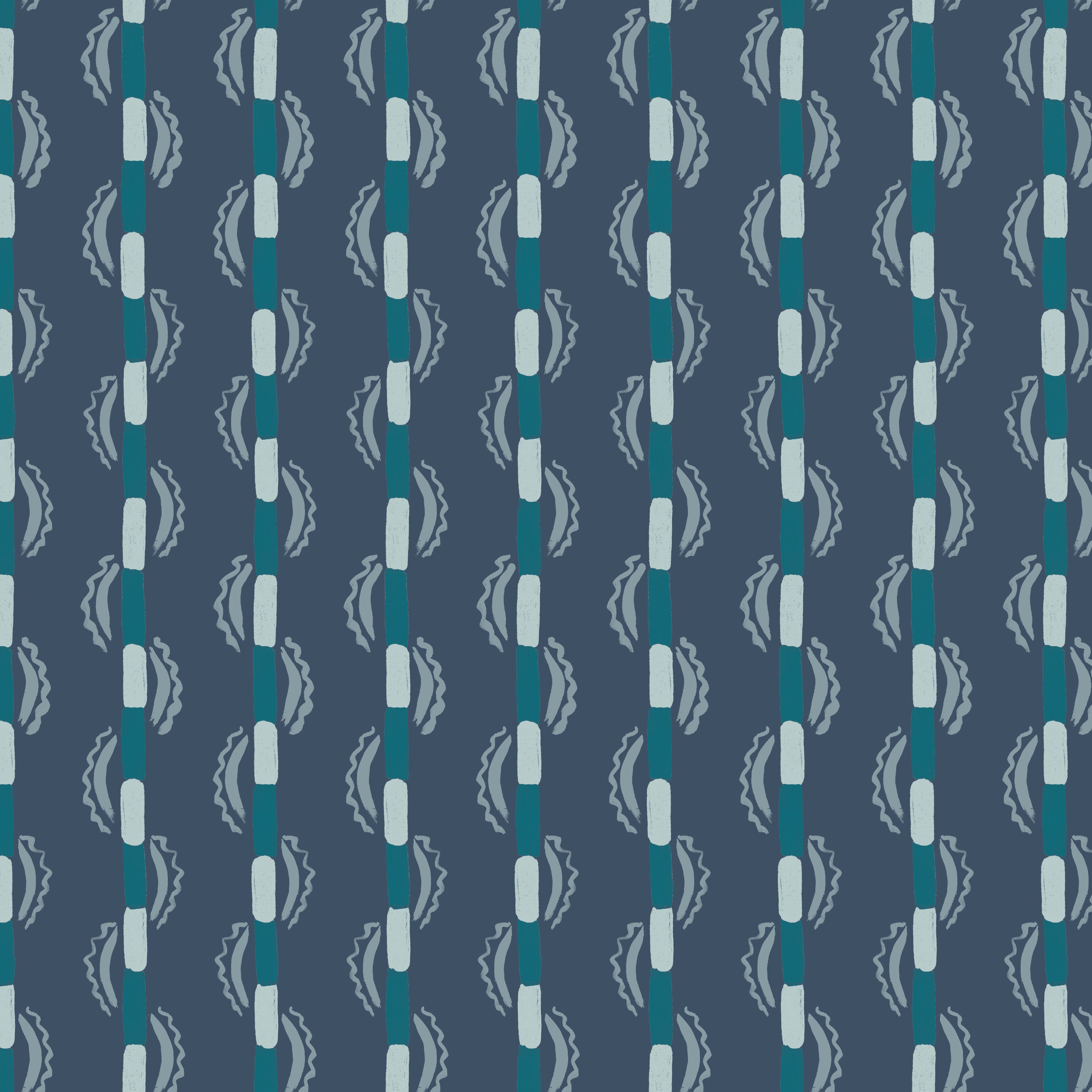 Painterly wavy stripe wallpaper in blues and teal on navy field. 