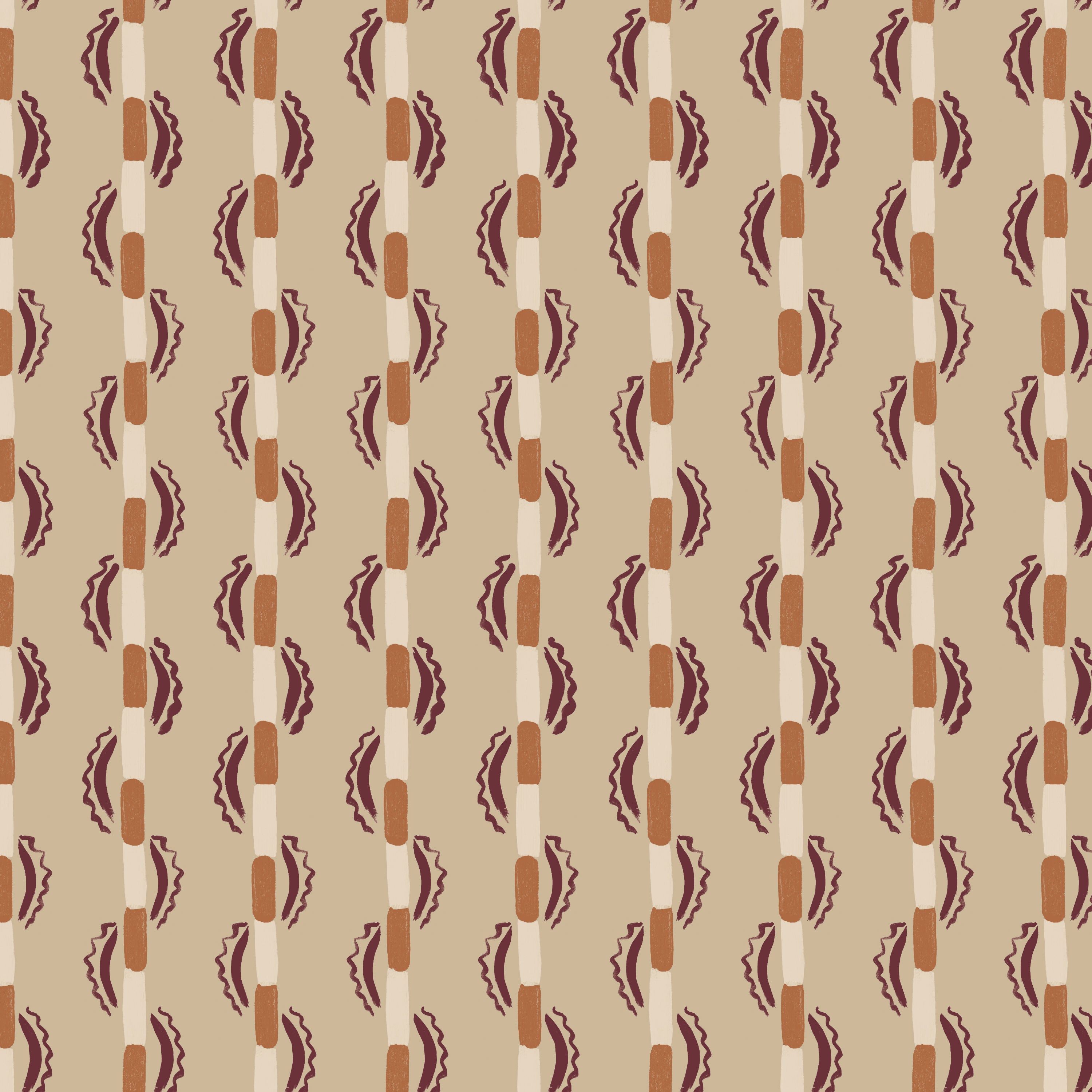 Painterly wavy stripe wallpaper in orange and rust on a pale orange field. 