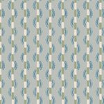 Painterly wavy stripe wallpaper in green and blue on a light blue field. 