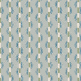 Painterly wavy stripe wallpaper in green and blue on a light blue field. 
