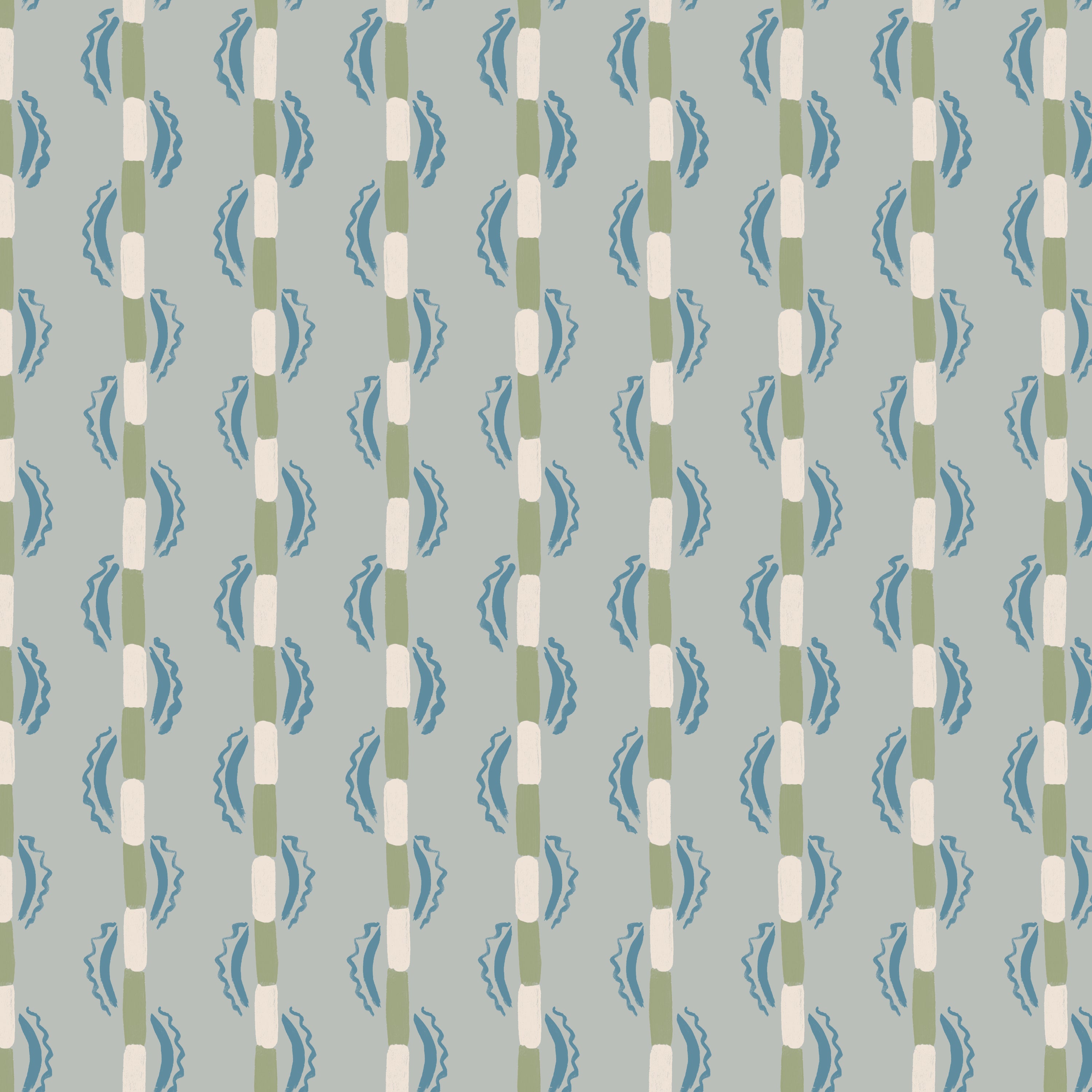 Painterly wavy stripe wallpaper in green and blue on a light blue field. 